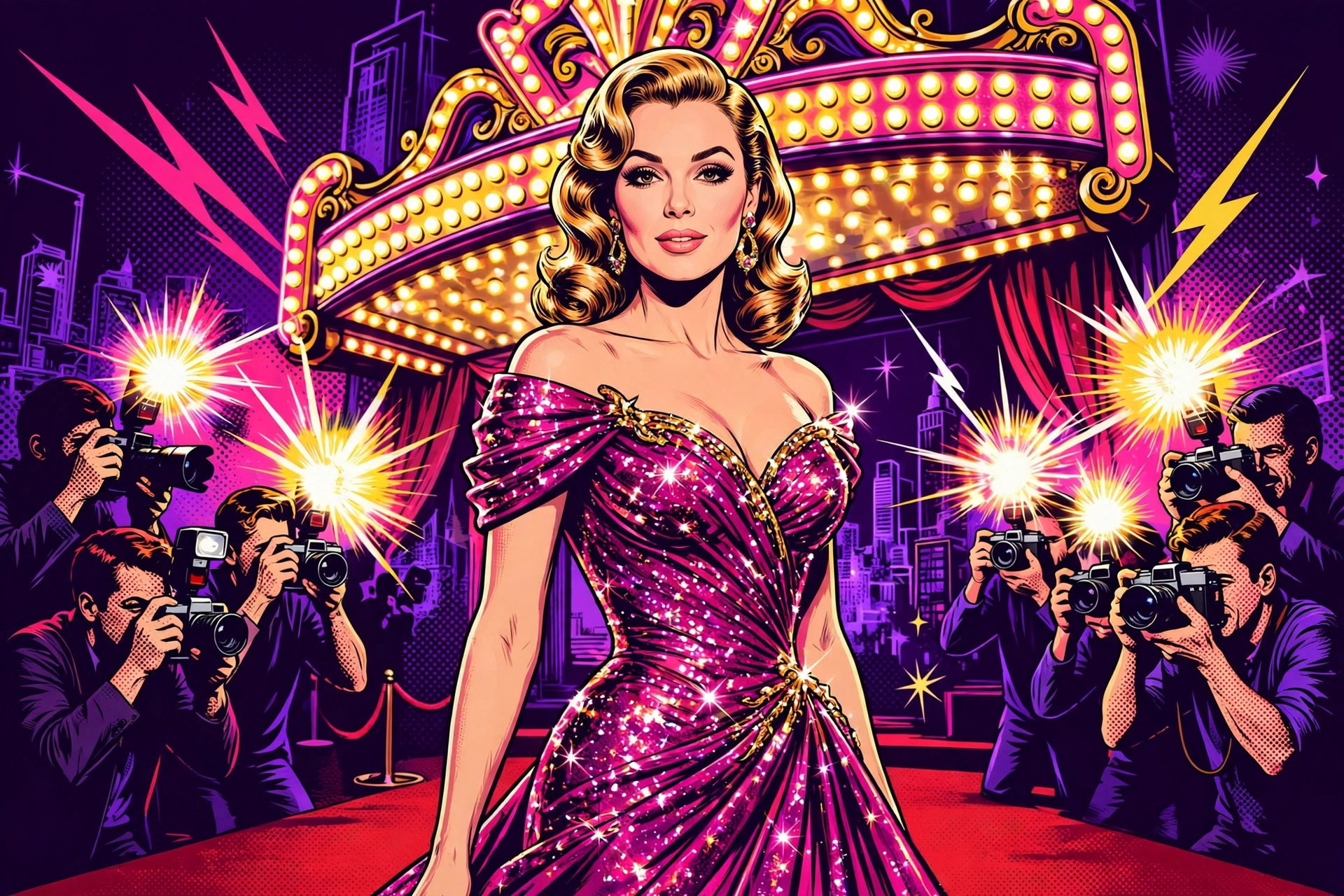 Illustrated movie star in a sparkling magenta gown on a red carpet under camera flashes and marquee lights
